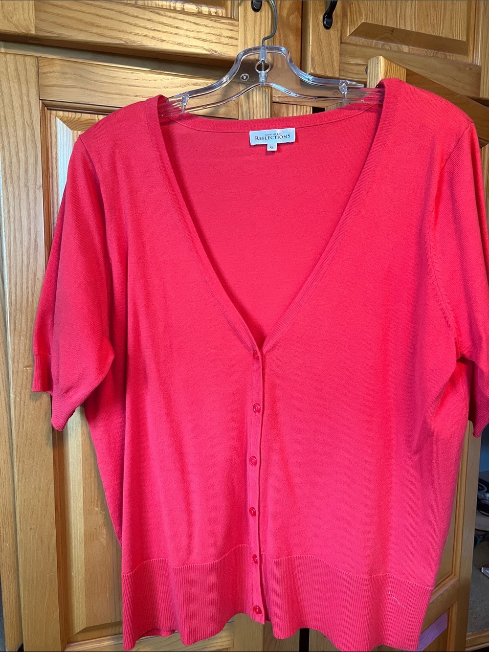 Northern Reflections V-Neck Short-Sleeve Button Cardigan in Coral